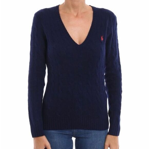 POLO RALPH LAUREN Sweaters - POLO RALPH LAUREN sweater Twist knit wool cashmere V-neck Blue size M